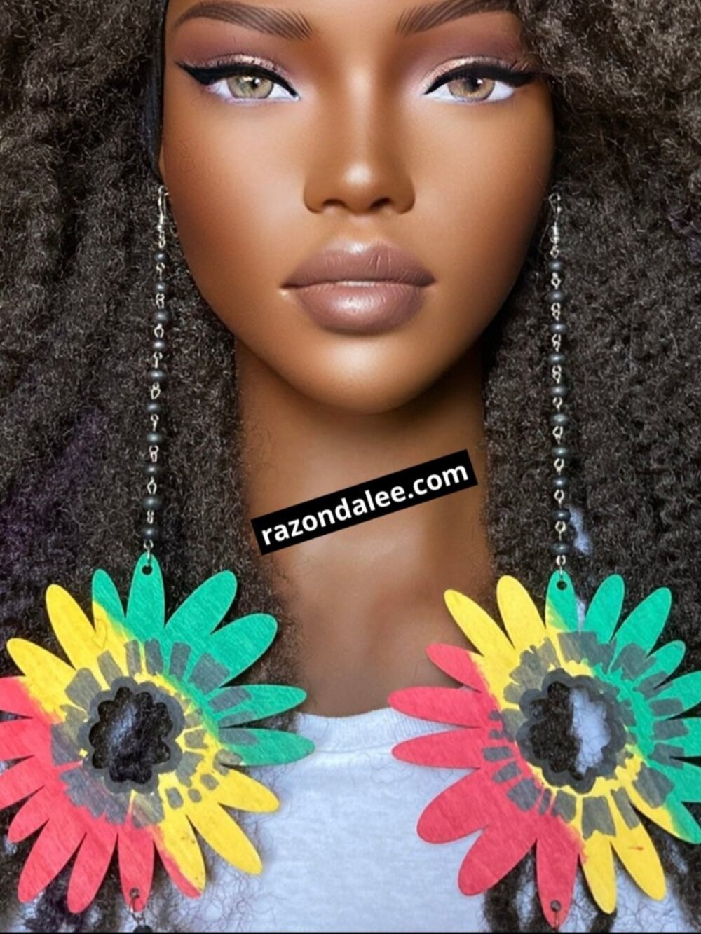 Elongated Dangle Earrings Rasta Flower by Razonda Lee